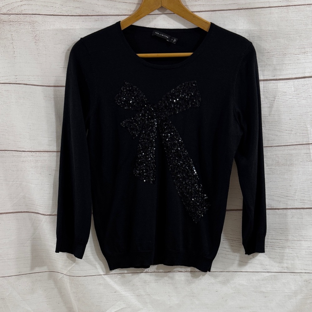 Women's silk cashmere blend Black Sequin Bow Sweater The Limited Large
